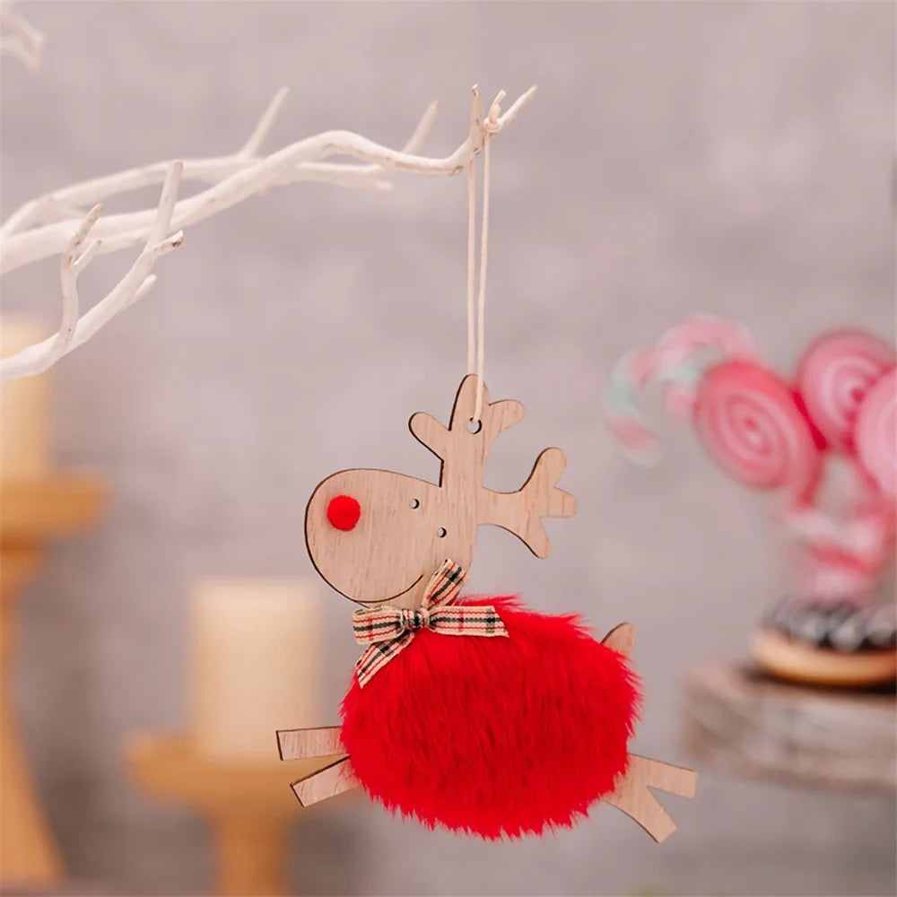 Christmas Elk Hanging Ornament Gifts Wooden Reindeer Plush Pendants Christmas Tree Decor - Red - 2