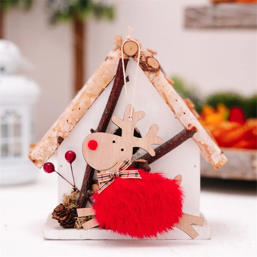 Christmas Elk Hanging Ornament Gifts Wooden Reindeer Plush Pendants Christmas Tree Decor - Red - 3