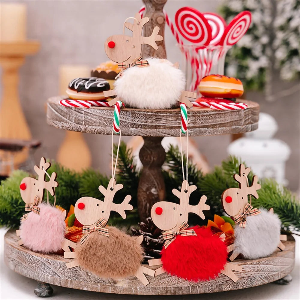 Christmas Elk Hanging Ornament Gifts Wooden Reindeer Plush Pendants Christmas Tree Decor - Red - 5