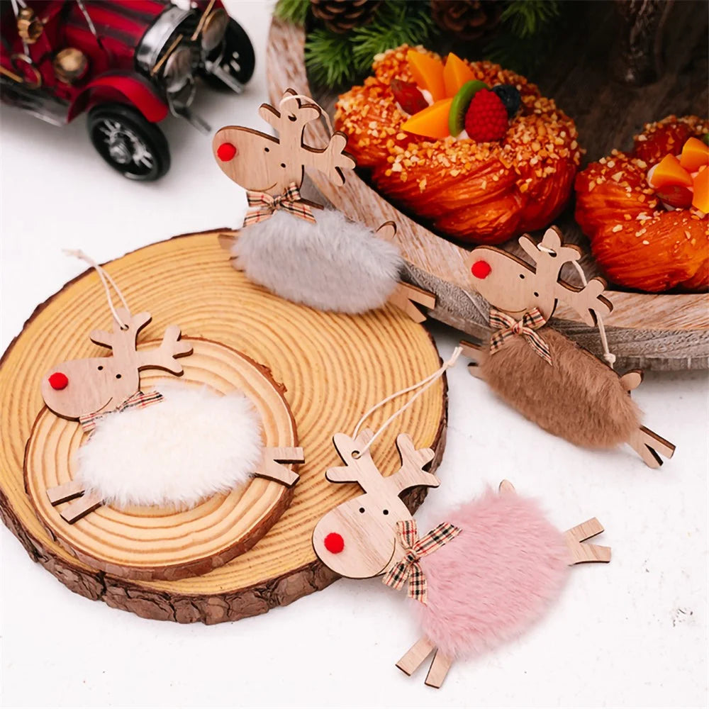 Christmas Elk Hanging Ornament Gifts Wooden Reindeer Plush Pendants Christmas Tree Decor - Red - 6