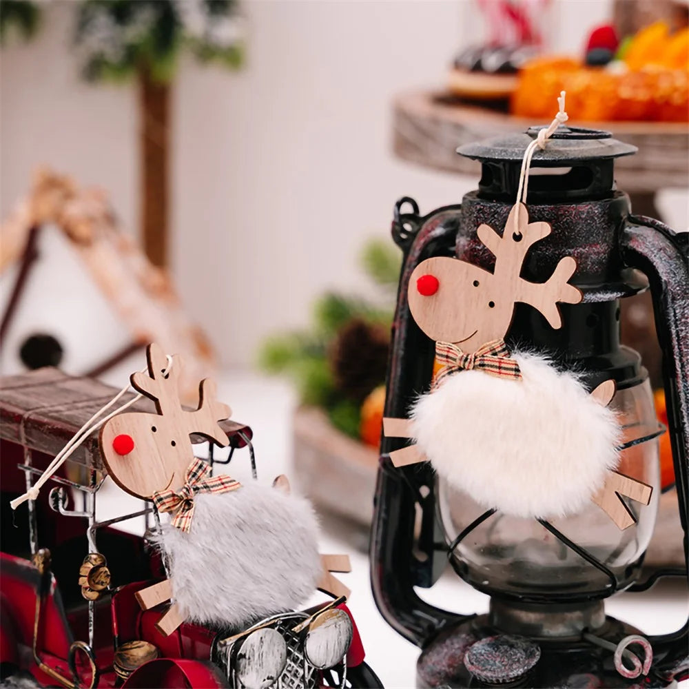 Christmas Elk Hanging Ornament Gifts Wooden Reindeer Plush Pendants Christmas Tree Decor - Red - 7