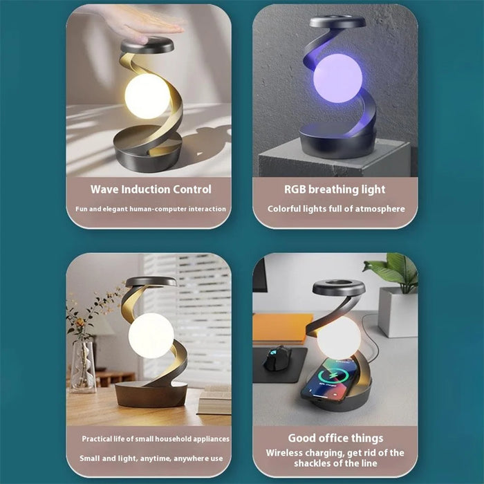 Spiral Levitation Floating Light RGB Night Light with Phone Wireless Charging Pad - White - 3