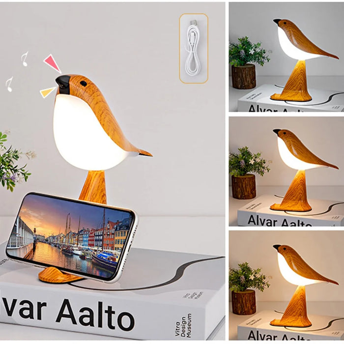 Creative Bird Shape Bedside Lamp Multifunction Aroma Diffuser Phone Holder Ambient Light with Sound - Yellow Wood Grain - 2
