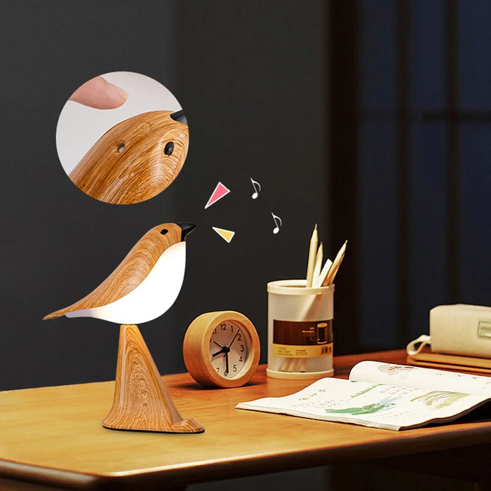 Creative Bird Shape Bedside Lamp Multifunction Aroma Diffuser Phone Holder Ambient Light with Sound - Yellow Wood Grain - 5