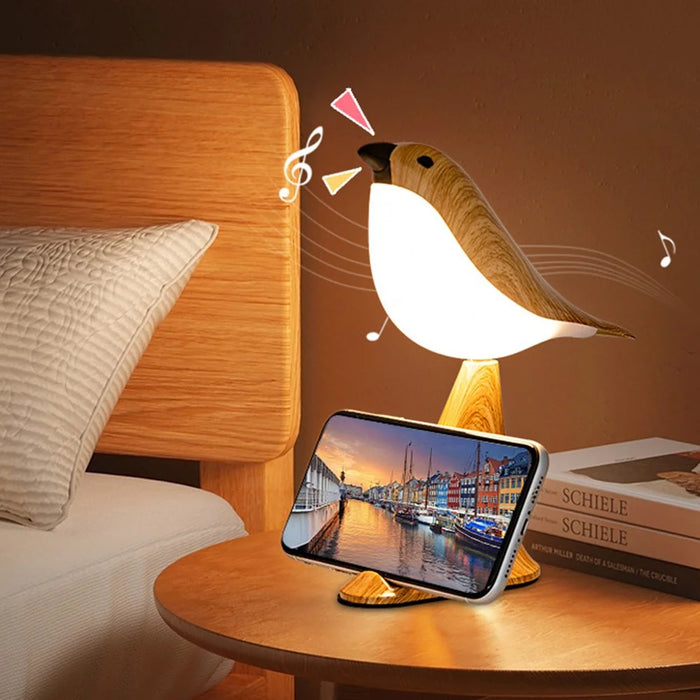 Creative Bird Shape Bedside Lamp Multifunction Aroma Diffuser Phone Holder Ambient Light with Sound - Yellow Wood Grain - 6