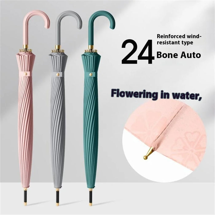 Automatic 24 Ribs Rain Umbrella Water Activated Flower Pattern Straight Umbrella with Curved Handle - Rouge Pink - 3