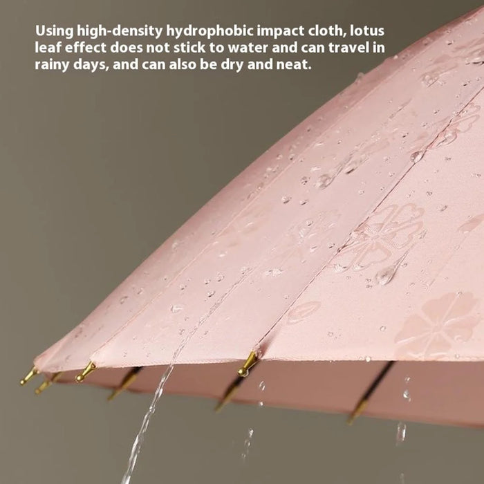 Automatic 24 Ribs Rain Umbrella Water Activated Flower Pattern Straight Umbrella with Curved Handle - Rouge Pink - 4