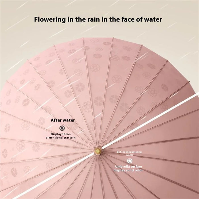 Automatic 24 Ribs Rain Umbrella Water Activated Flower Pattern Straight Umbrella with Curved Handle - Rouge Pink - 5