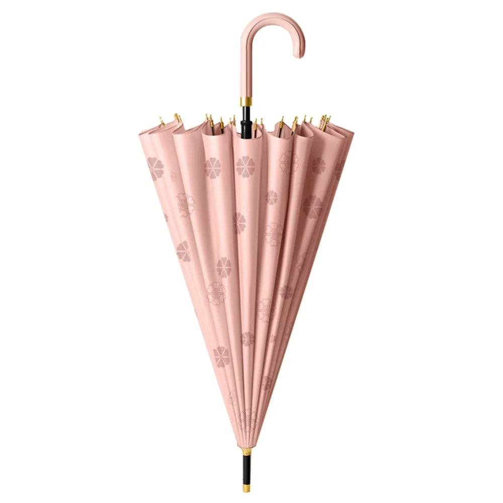 Flowering in Rain Water Umbrella 24 Ribs Manual Folding Parasol with PU Leather Handle - Rubber Pink - 1