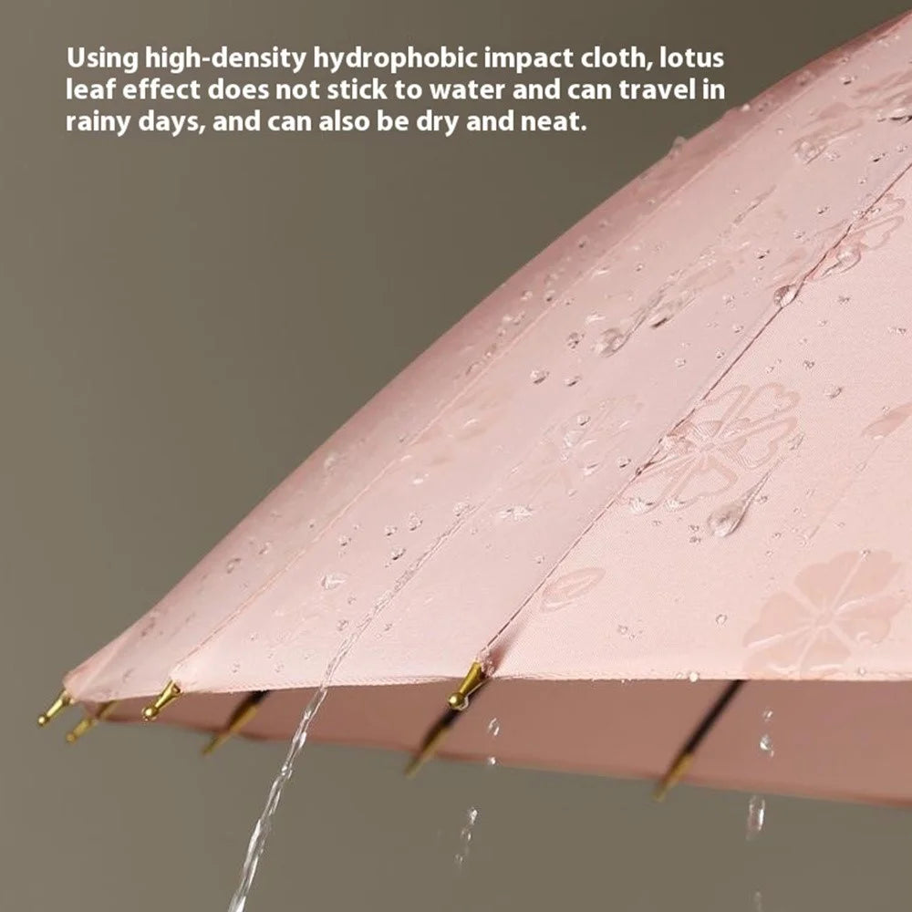 Flowering in Rain Water Umbrella 24 Ribs Manual Folding Parasol with PU Leather Handle - Rubber Pink - 4