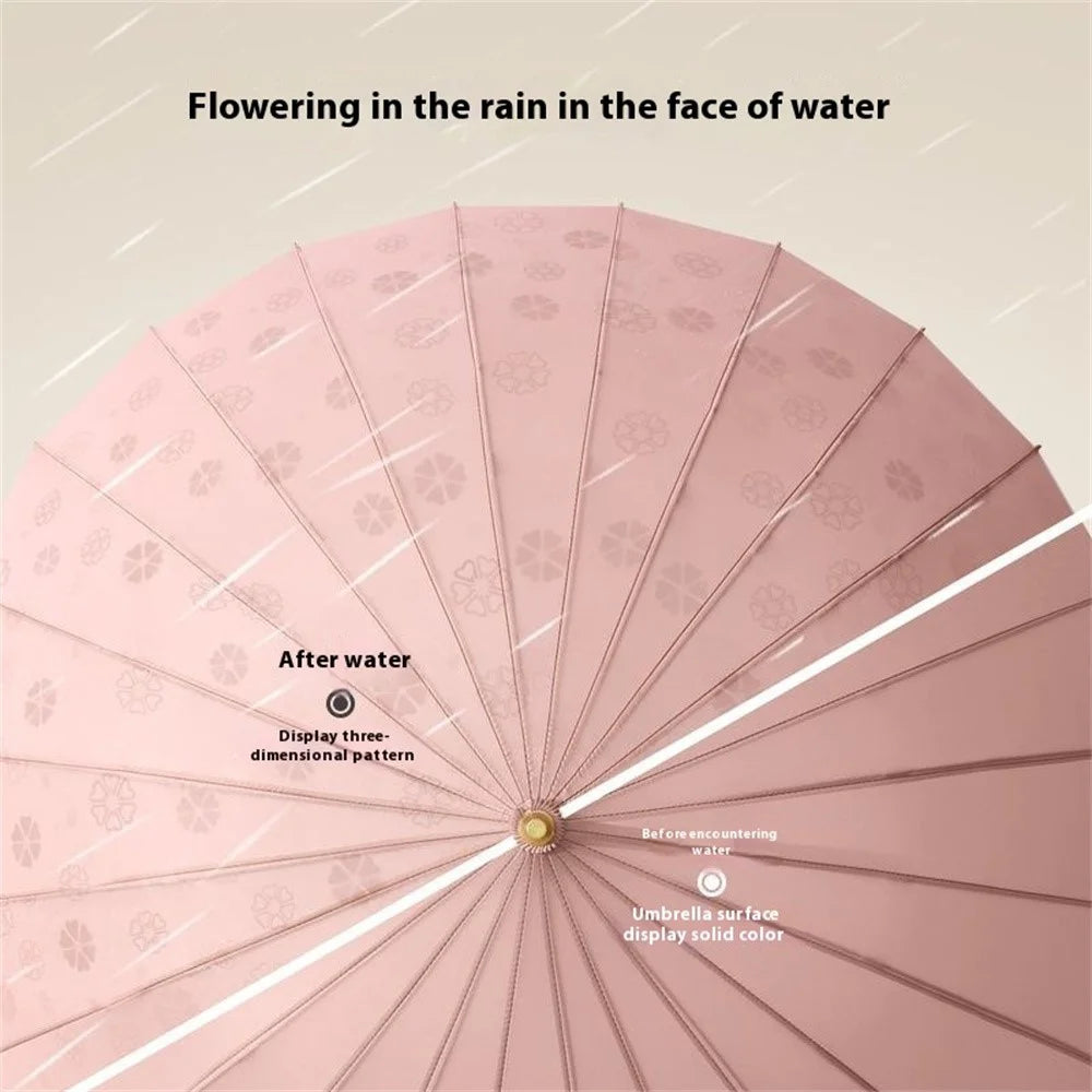 Flowering in Rain Water Umbrella 24 Ribs Manual Folding Parasol with PU Leather Handle - Rubber Pink - 5