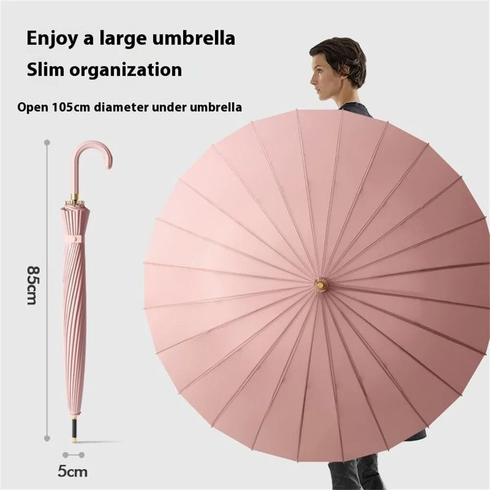Flowering in Rain Water Umbrella 24 Ribs Manual Folding Parasol with PU Leather Handle - Rubber Pink - 7