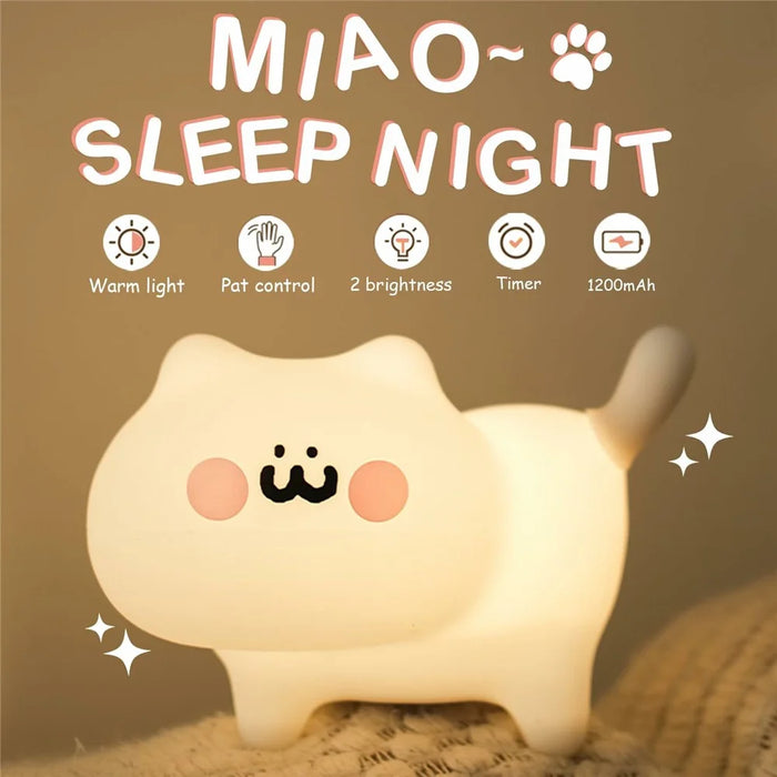Cat Night Light Bedroom Bedside Sleep Aid for Kids Tap Control Soft Silicone USB Rechargeable Lamp with Timer Function - 2