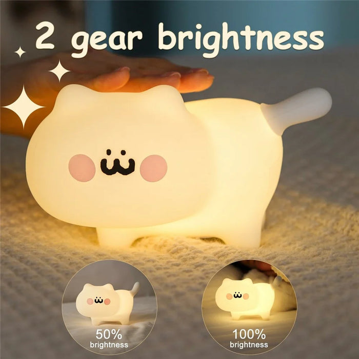 Cat Night Light Bedroom Bedside Sleep Aid for Kids Tap Control Soft Silicone USB Rechargeable Lamp with Timer Function - 3