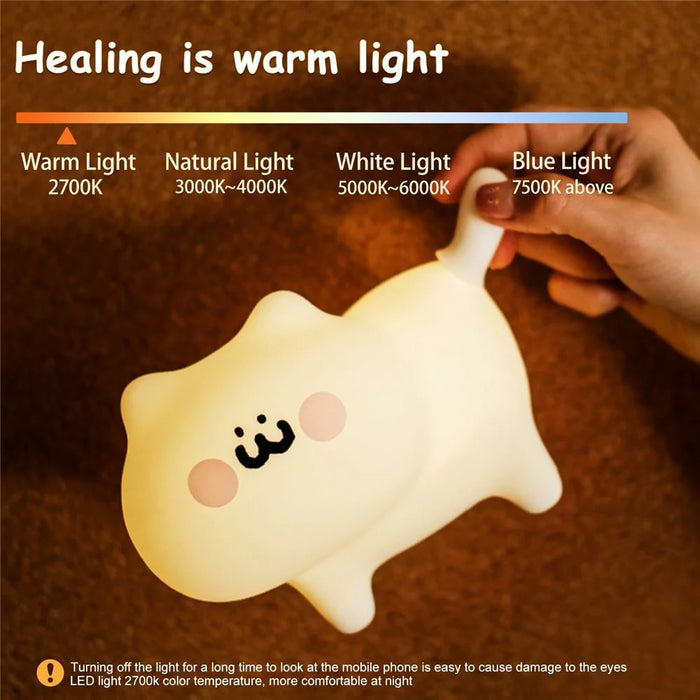Cat Night Light Bedroom Bedside Sleep Aid for Kids Tap Control Soft Silicone USB Rechargeable Lamp with Timer Function - 5