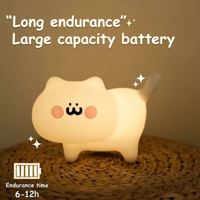 Cat Night Light Bedroom Bedside Sleep Aid for Kids Tap Control Soft Silicone USB Rechargeable Lamp with Timer Function - 7