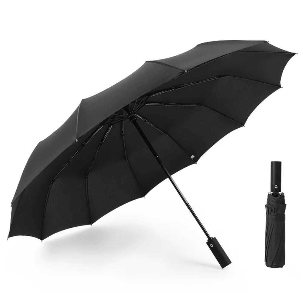 Windproof Umbrella Large 12-Rib Folding Travel Umbrella with Automatic Opening and Closing for Rain / Sun - Black - 1