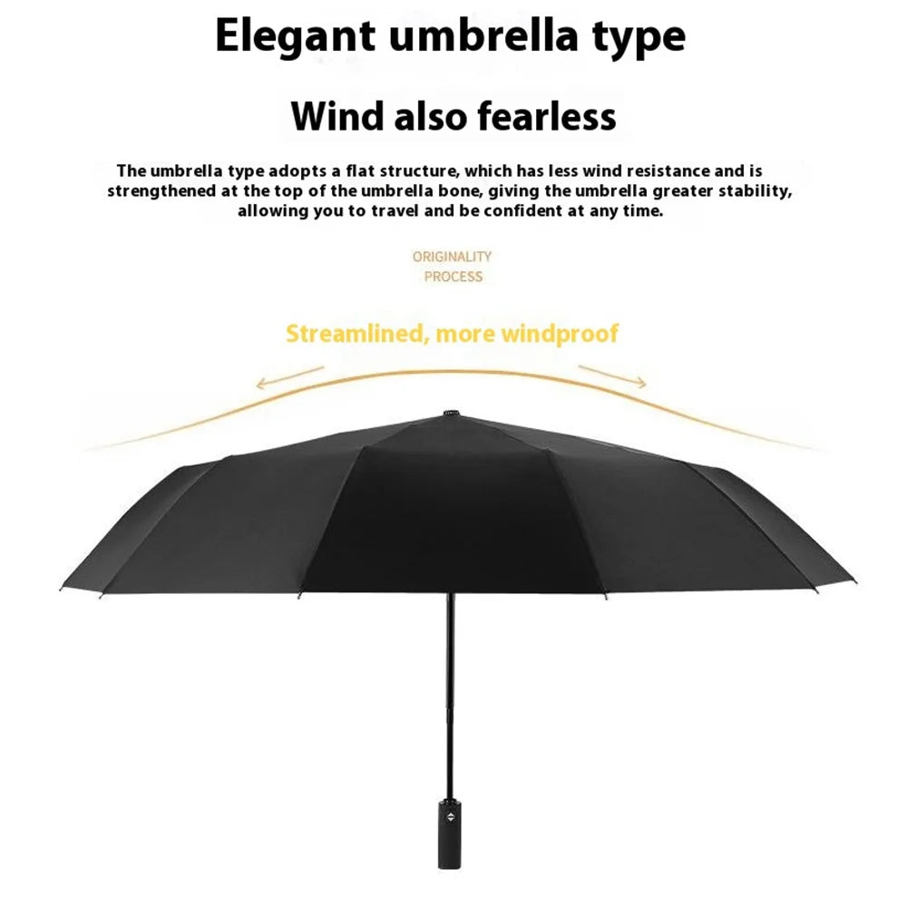 Windproof Umbrella Large 12-Rib Folding Travel Umbrella with Automatic Opening and Closing for Rain / Sun - Black - 2