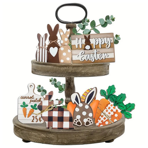 Easter Bunny Tiered Tray Decor Set Farmhouse Wooden Sign Carrot Plaid Pattern Display Ornament - 1