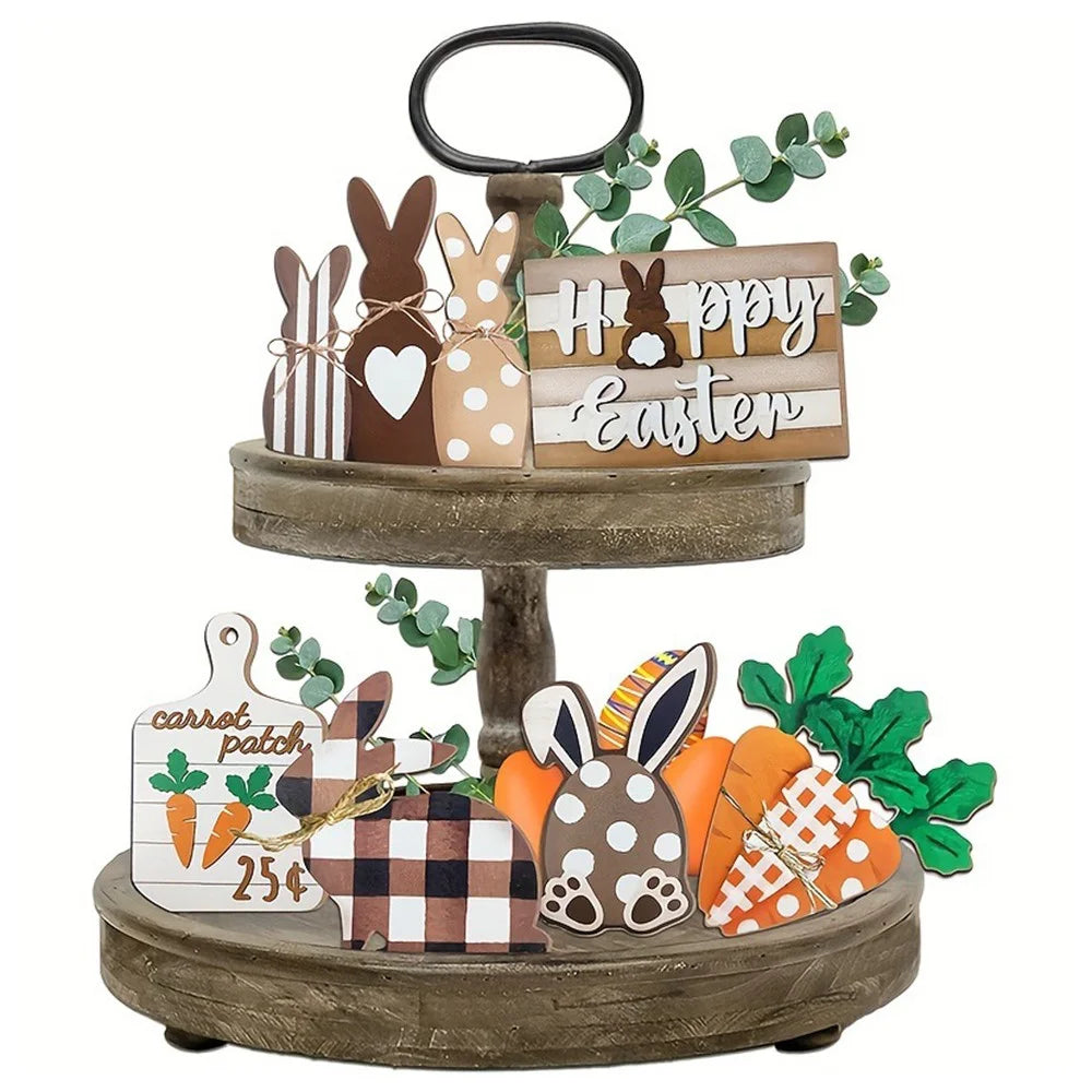 Easter Bunny Tiered Tray Decor Set Farmhouse Wooden Sign Carrot Plaid Pattern Display Ornament - 1