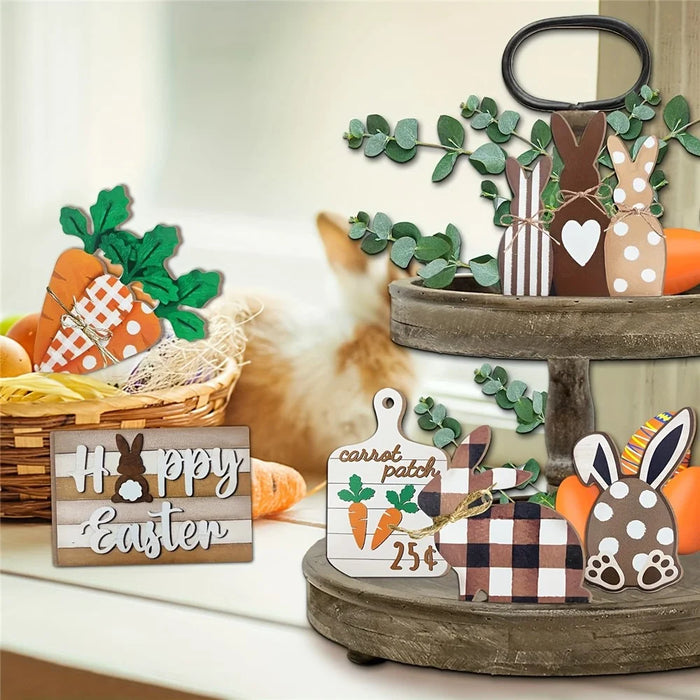 Easter Bunny Tiered Tray Decor Set Farmhouse Wooden Sign Carrot Plaid Pattern Display Ornament - 2