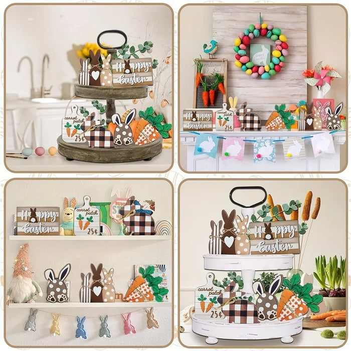 Easter Bunny Tiered Tray Decor Set Farmhouse Wooden Sign Carrot Plaid Pattern Display Ornament - 3