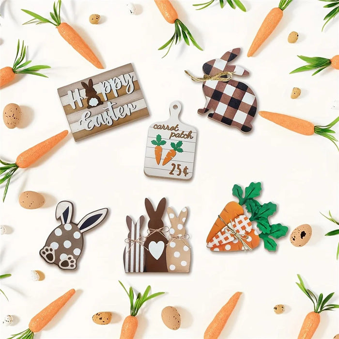 Easter Bunny Tiered Tray Decor Set Farmhouse Wooden Sign Carrot Plaid Pattern Display Ornament - 4