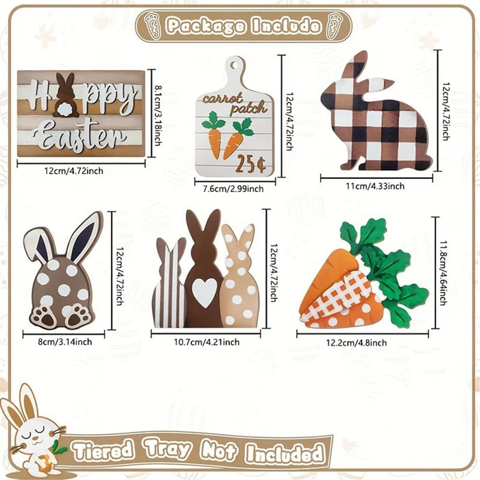 Easter Bunny Tiered Tray Decor Set Farmhouse Wooden Sign Carrot Plaid Pattern Display Ornament - 5