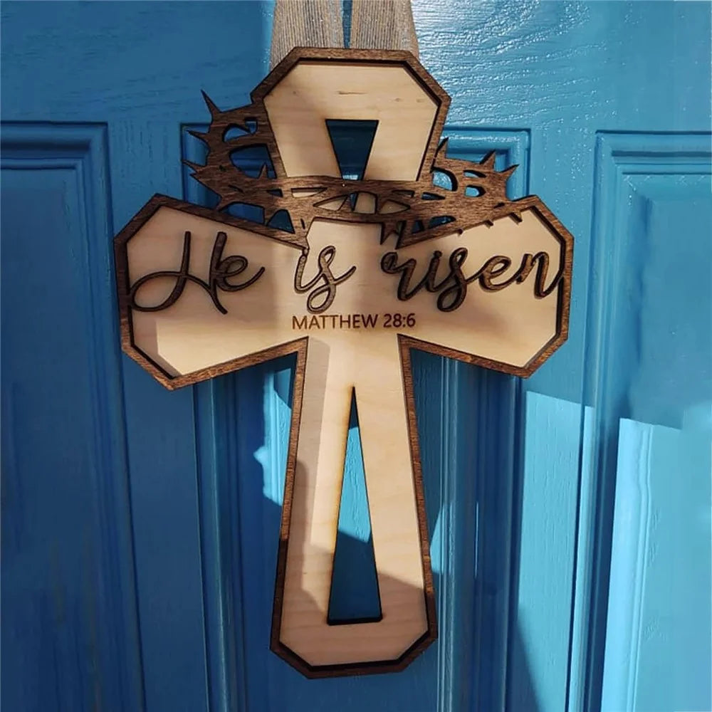 Easter Cross Design Door Hanger Ornament Wooden Sign Front Porch Decor - 5