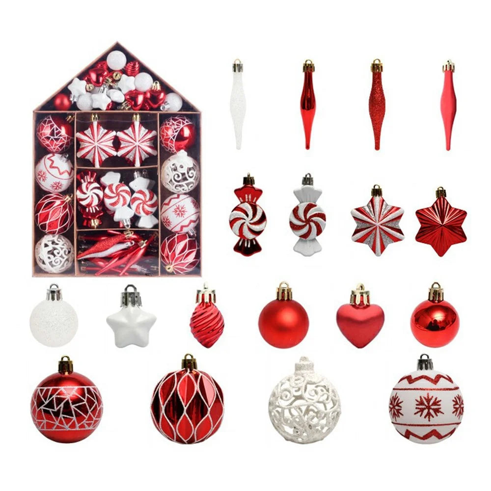 73Pcs / Set Christmas Ornaments Set Xmas Painted Ball Hanging Baubles Holiday Gift Decorations - Red+White - 1