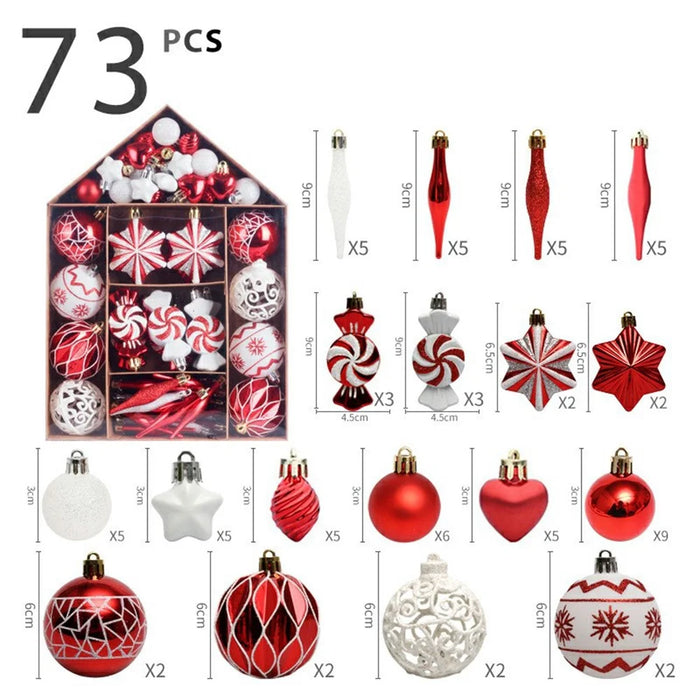 73Pcs / Set Christmas Ornaments Set Xmas Painted Ball Hanging Baubles Holiday Gift Decorations - Red+White - 5