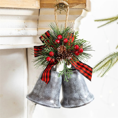 Christmas Tree Ornament Vintage Double Bell Bow Decoration Iron Art Holiday Hanging Pendant - Silver Grey - 1