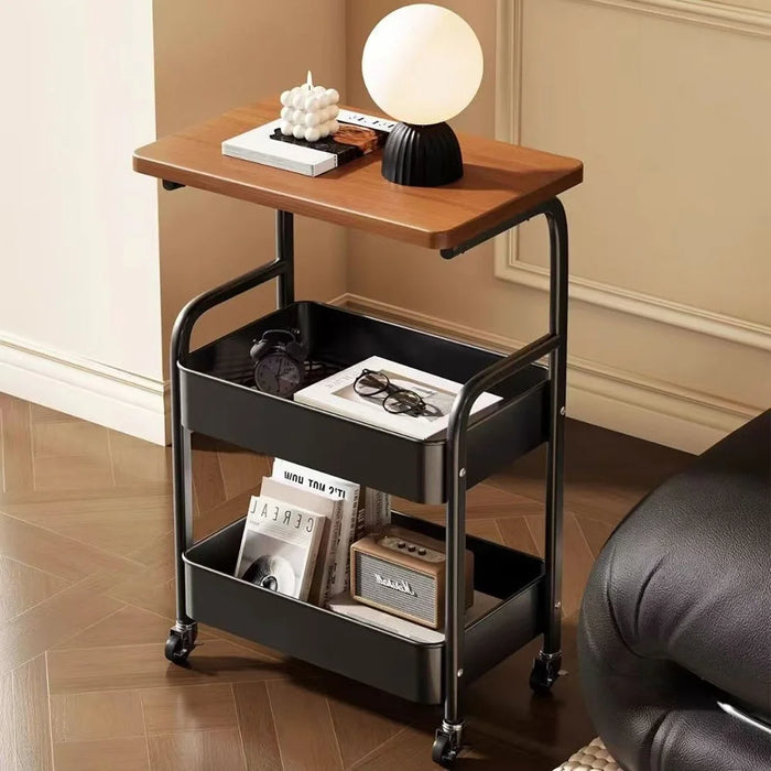 Side Table Storage Cart Living Room Sofa Tea Table Bedroom Kitchen Organizer Rack with Wheels - Black - 1