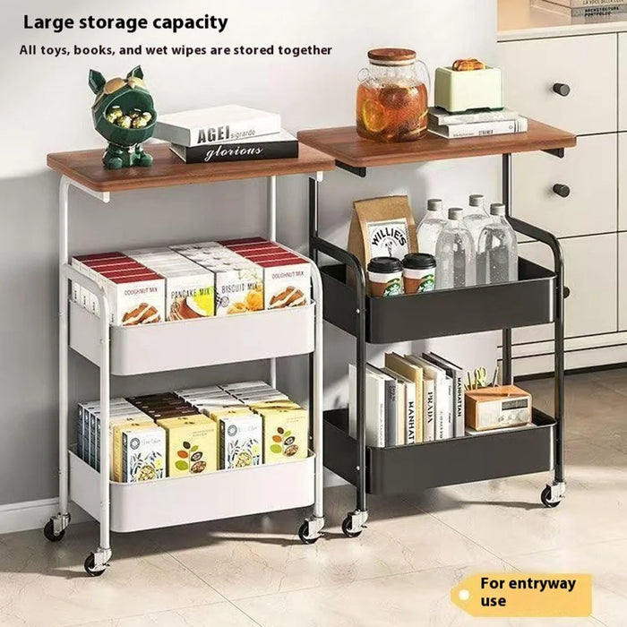 Side Table Storage Cart Living Room Sofa Tea Table Bedroom Kitchen Organizer Rack with Wheels - Black - 3