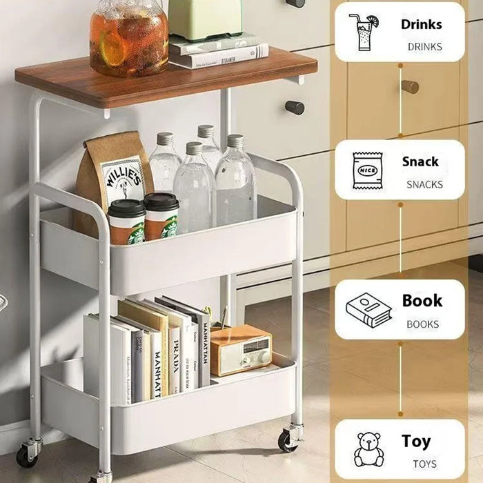 Side Table Storage Cart Living Room Sofa Tea Table Bedroom Kitchen Organizer Rack with Wheels - Black - 4
