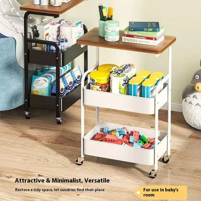 Side Table Storage Cart Living Room Sofa Tea Table Bedroom Kitchen Organizer Rack with Wheels - Black - 6