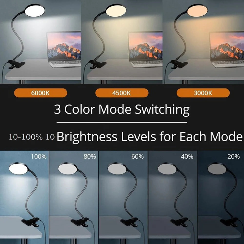 LED Desk Lamp for Students 10 Brightness 3 Color Mode Dimmable Reading Light with Clip - Black - 2