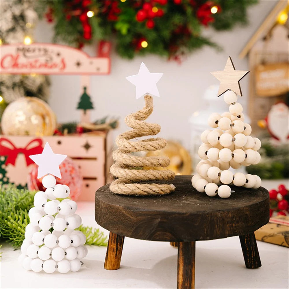Christmas Tree Wooden Bead Tabletop Decoration Gift Creative Wood Desktop Ornament for Home / Office Holiday Decor - Jute Rope - 2