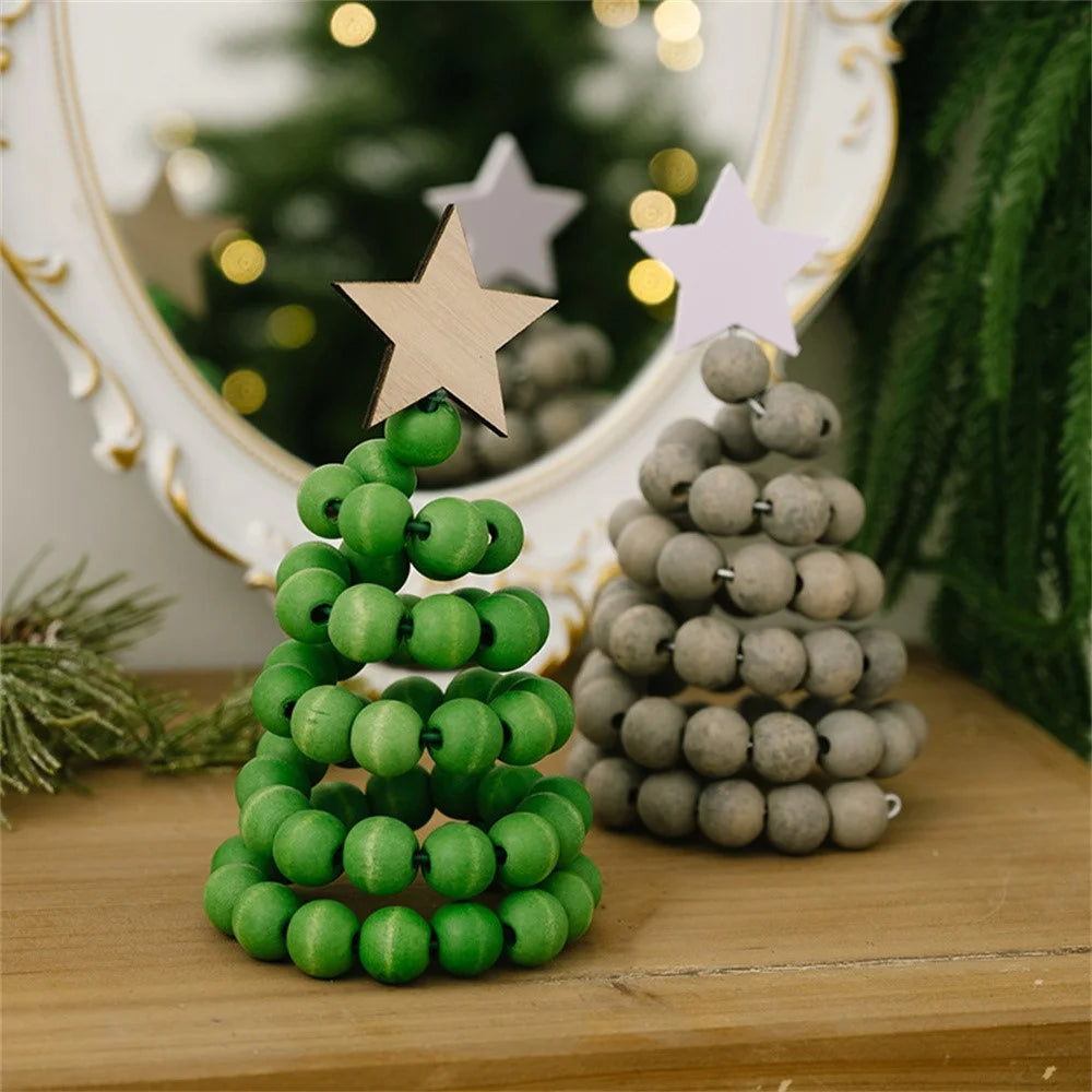 Christmas Tree Wooden Bead Tabletop Decoration Gift Creative Wood Desktop Ornament for Home / Office Holiday Decor - Jute Rope - 3