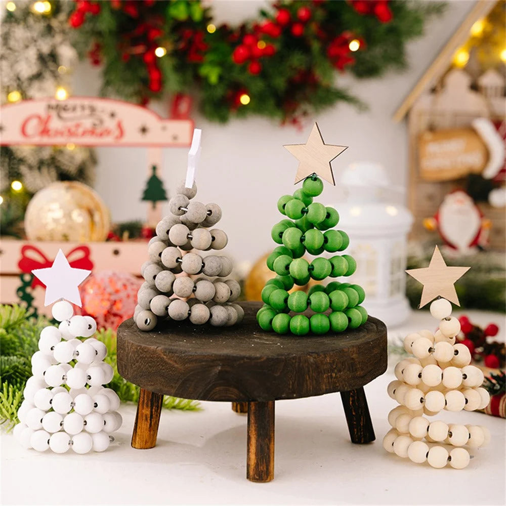 Christmas Tree Wooden Bead Tabletop Decoration Gift Creative Wood Desktop Ornament for Home / Office Holiday Decor - Jute Rope - 4