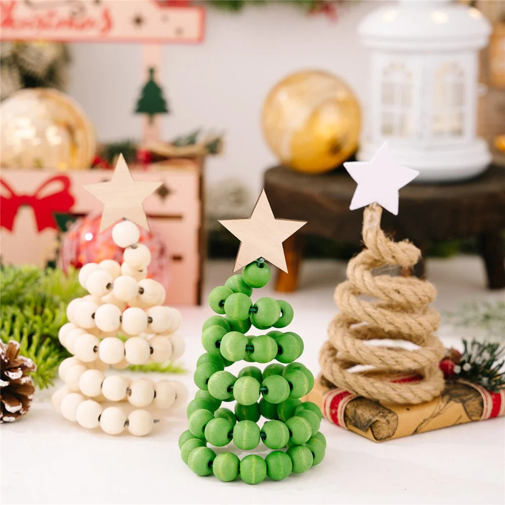 Christmas Tree Wooden Bead Tabletop Decoration Gift Creative Wood Desktop Ornament for Home / Office Holiday Decor - Jute Rope - 5