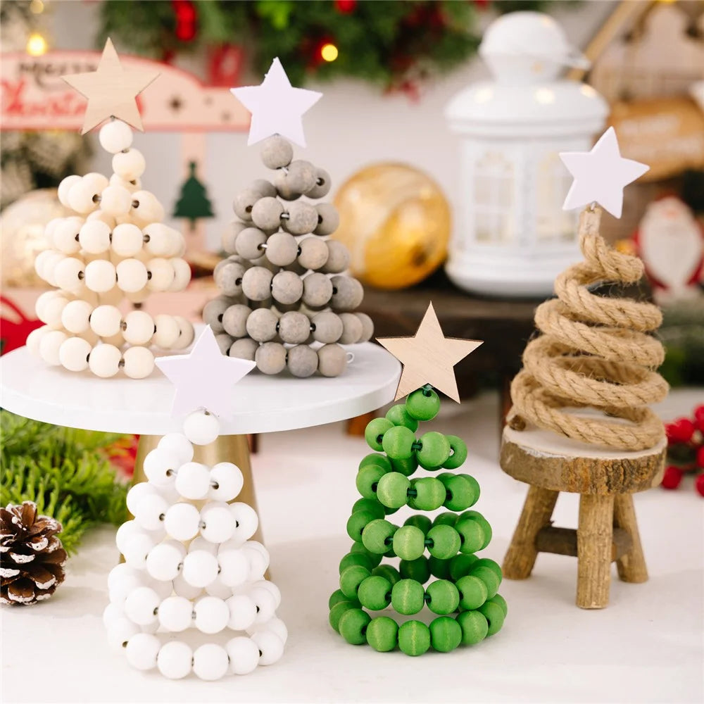 Christmas Tree Wooden Bead Tabletop Decoration Gift Creative Wood Desktop Ornament for Home / Office Holiday Decor - Jute Rope - 6