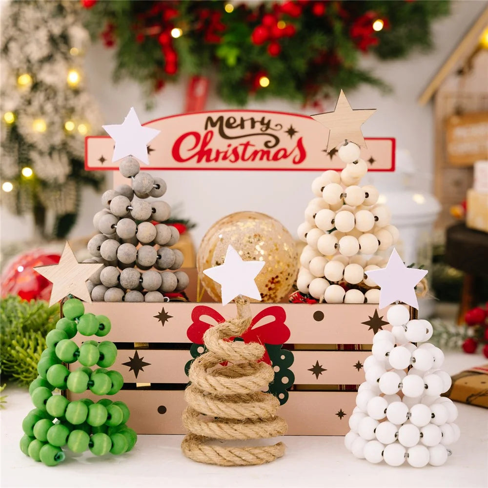 Christmas Tree Wooden Bead Tabletop Decoration Gift Creative Wood Desktop Ornament for Home / Office Holiday Decor - Jute Rope - 7