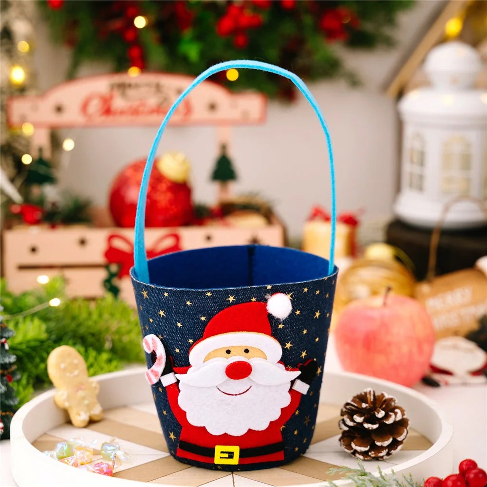 Christmas Gift Bag Fruit Candy Sack Storage Bucket for Kids Holiday Decoration Non-Woven Festive Cartoon Design - Santa Claus - 2