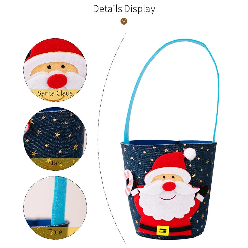 Christmas Gift Bag Fruit Candy Sack Storage Bucket for Kids Holiday Decoration Non-Woven Festive Cartoon Design - Santa Claus - 3