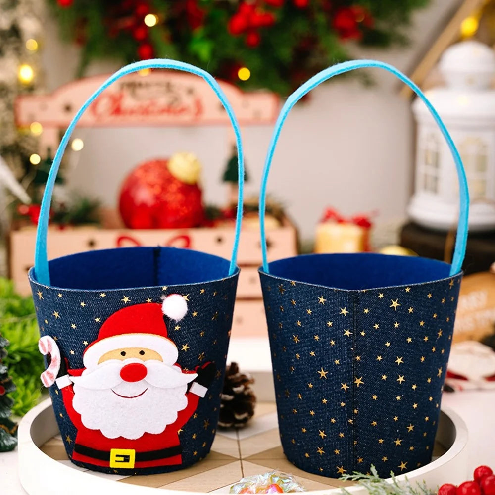Christmas Gift Bag Fruit Candy Sack Storage Bucket for Kids Holiday Decoration Non-Woven Festive Cartoon Design - Santa Claus - 4