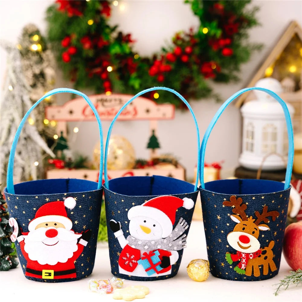 Christmas Gift Bag Fruit Candy Sack Storage Bucket for Kids Holiday Decoration Non-Woven Festive Cartoon Design - Santa Claus - 5