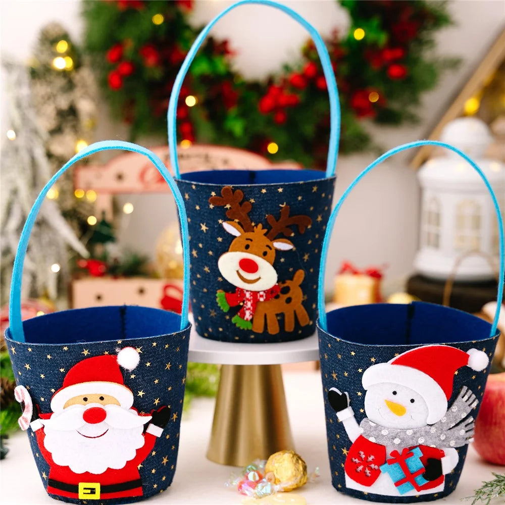 Christmas Gift Bag Fruit Candy Sack Storage Bucket for Kids Holiday Decoration Non-Woven Festive Cartoon Design - Santa Claus - 6