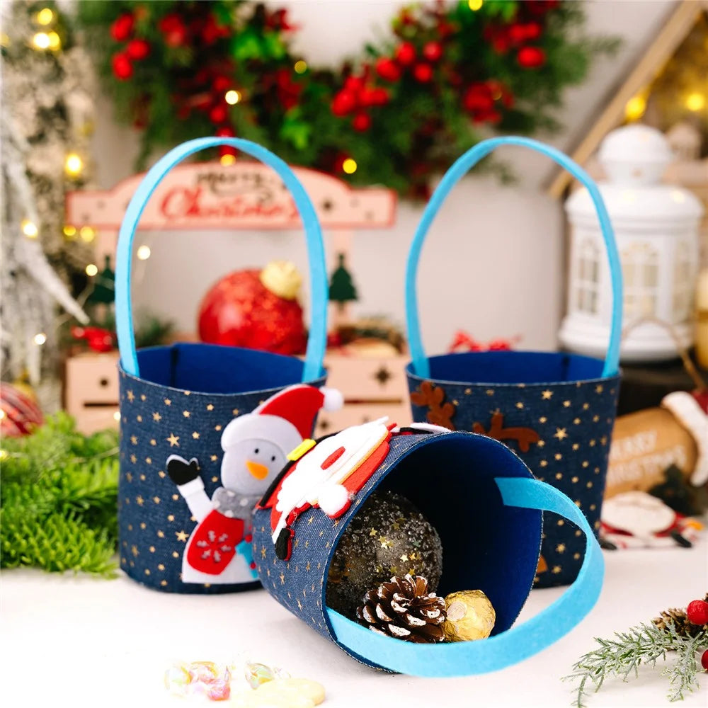 Christmas Gift Bag Fruit Candy Sack Storage Bucket for Kids Holiday Decoration Non-Woven Festive Cartoon Design - Santa Claus - 7