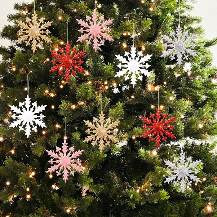 6Pcs Christmas Ornaments Snowflake Hanging Decorations Glittery 3D Iridescent for Christmas Tree - Red - 5